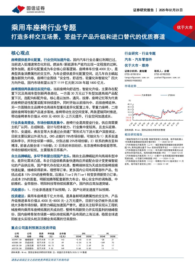 乘用车座椅行业专题:打造多样交互场景受益于产品升级和进口替代的优质赛道-250223(62页)