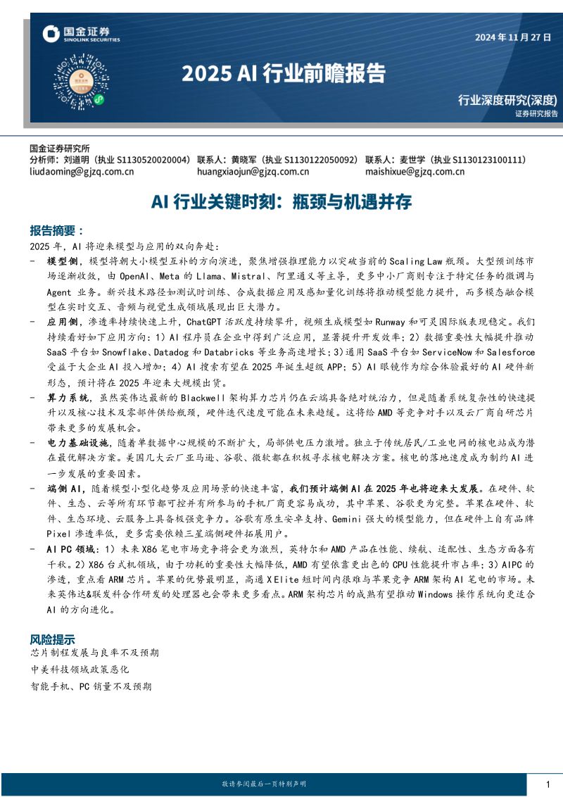 2025AI行业前瞻报告:Al行业关键时刻:瓶颈与机遇并存-241127(33页)
