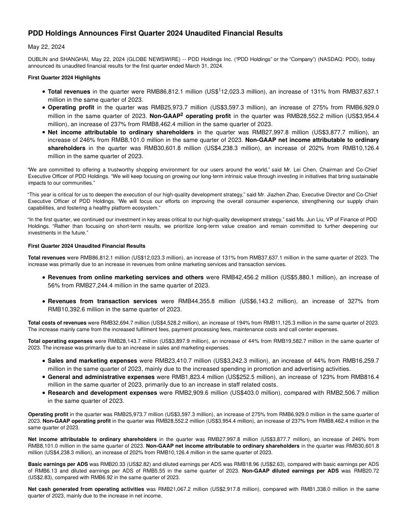拼多多2024年第一季度业绩报告(英文版)(6页)