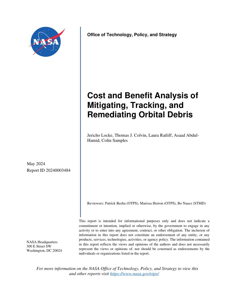 美国航空航天局（NASA）：2024轨道碎片减缓、跟踪与修复成本效益分析报告（英文版）（152页）