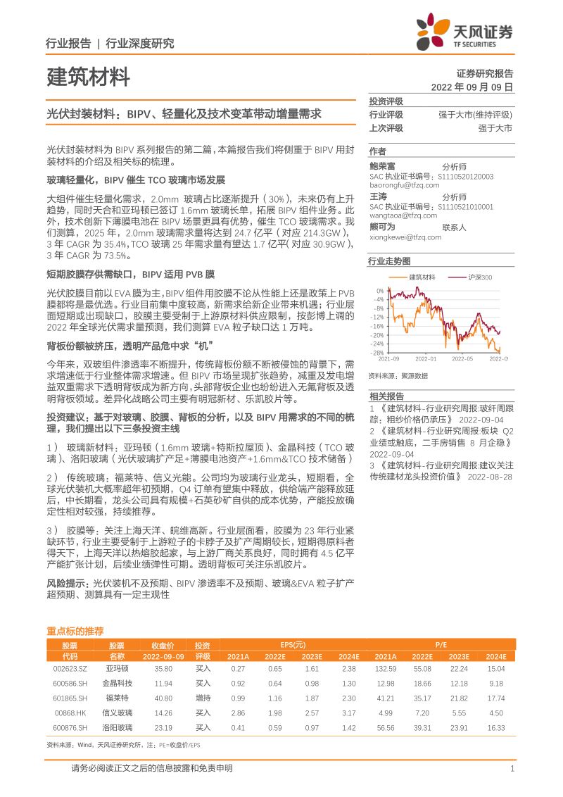 建筑材料行业光伏封装材料:BIPV、轻量化及技术变革带动增量需求-220909(22页)