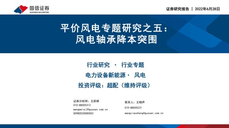 电力设备新能源行业平价风电专题研究之五:风电轴承降本突围-220628(49页)