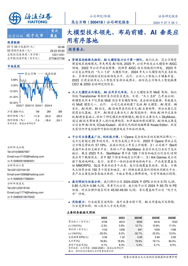 昆仑万维-公司研究报告-大模型技术领先布局前瞻AI垂类应用有序落地-240705(20页)