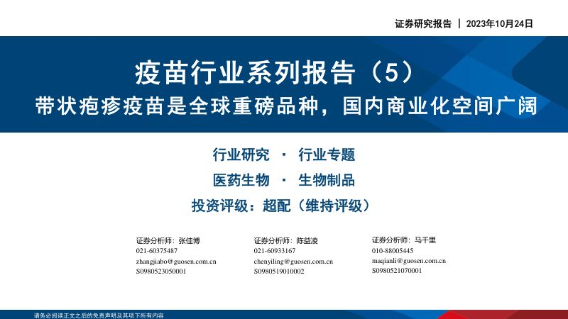 疫苗行业系列报告（5）：带状疱疹疫苗是全球重磅品种国内商业化空间广阔-231024（31页）