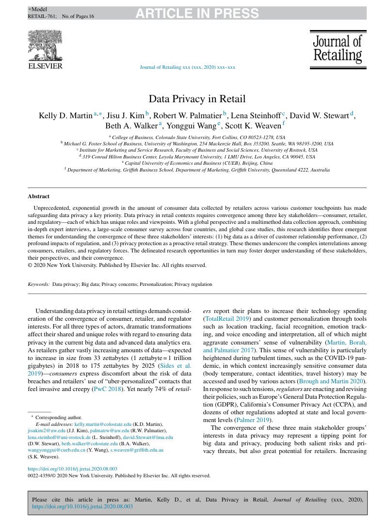 Journal of Retailing:零售业数据隐私(英文版)(16页)