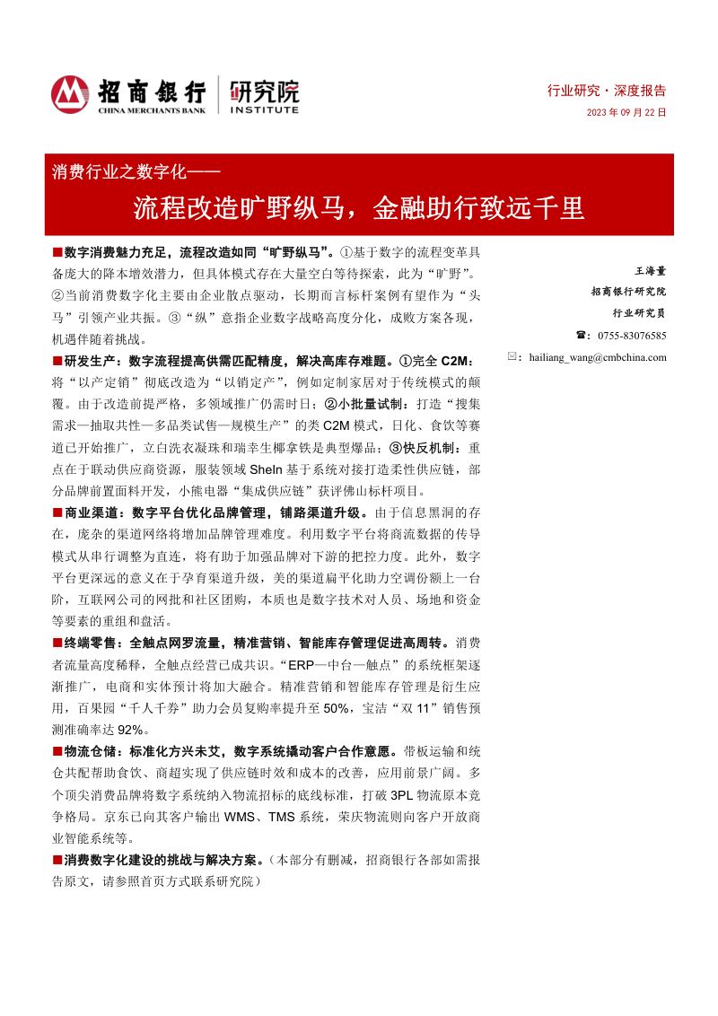 消费行业之数字化:流程改造旷野纵马金融助行致远千里-230922(28页)