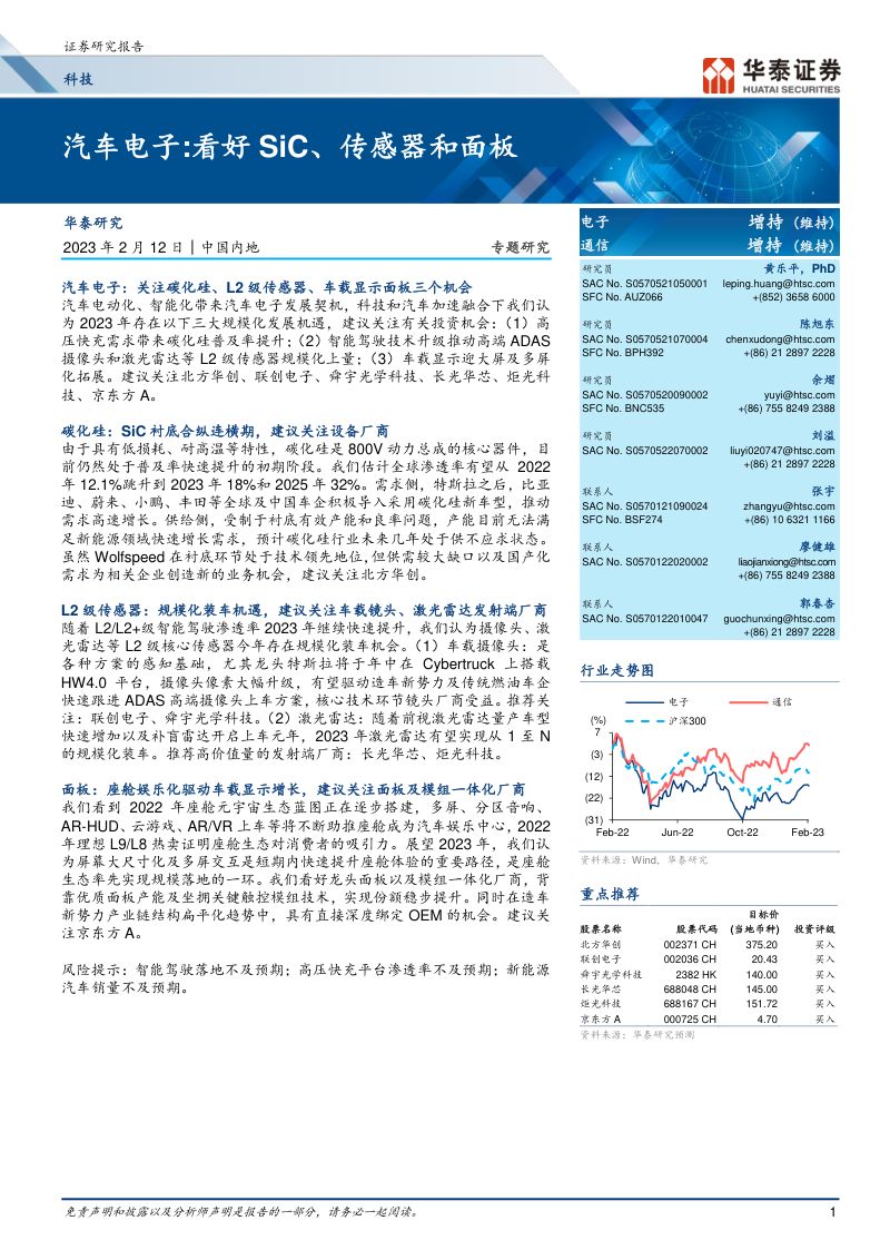 科技行业专题研究:汽车电子看好SiC、传感器和面板-230212(35页)