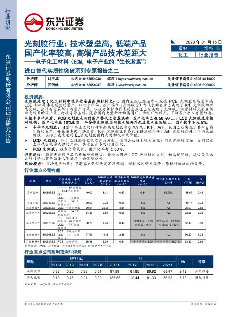 【研报】化工行业电子化工材料（ECM电子产业的“生长激素”）进口替代实质性突破系列专题报告之二：光刻胶行业技术壁垒高低端产品国产化率较高高端产品技术差距大-20200116[16页]