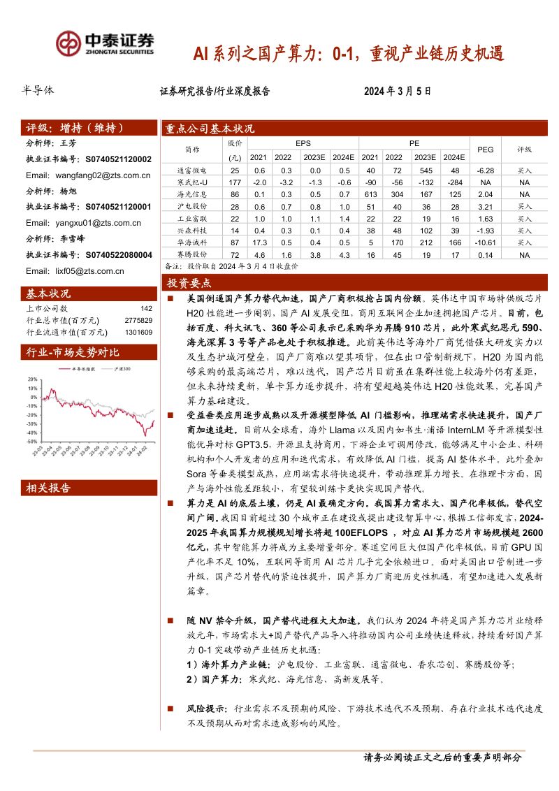 半导体行业AI系列之国产算力:0~1重视产业链历史机遇-240305(42页)