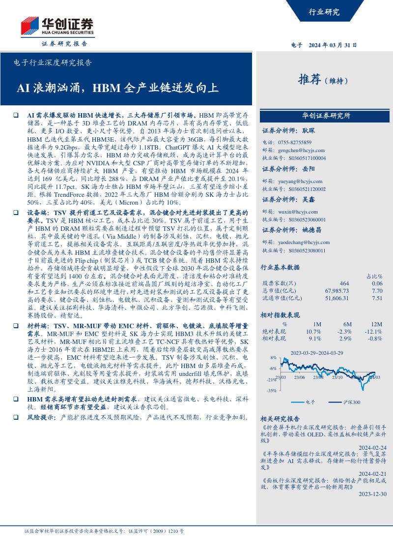 电子行业深度研究报告:AI浪潮汹涌HBM全产业链迸发向上-240331(27页)