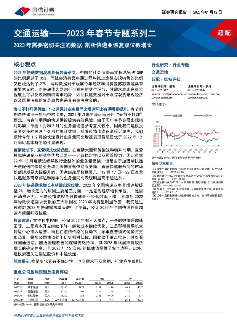 交通运输行业2023年春节专题系列二:2023年需要密切关注的数据剖析快递业恢复双位数增长-230112(17页)