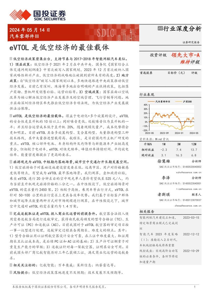 汽车零部件Ⅲ行业深度分析:eVTOL是低空经济的最佳载体-240514(27页)