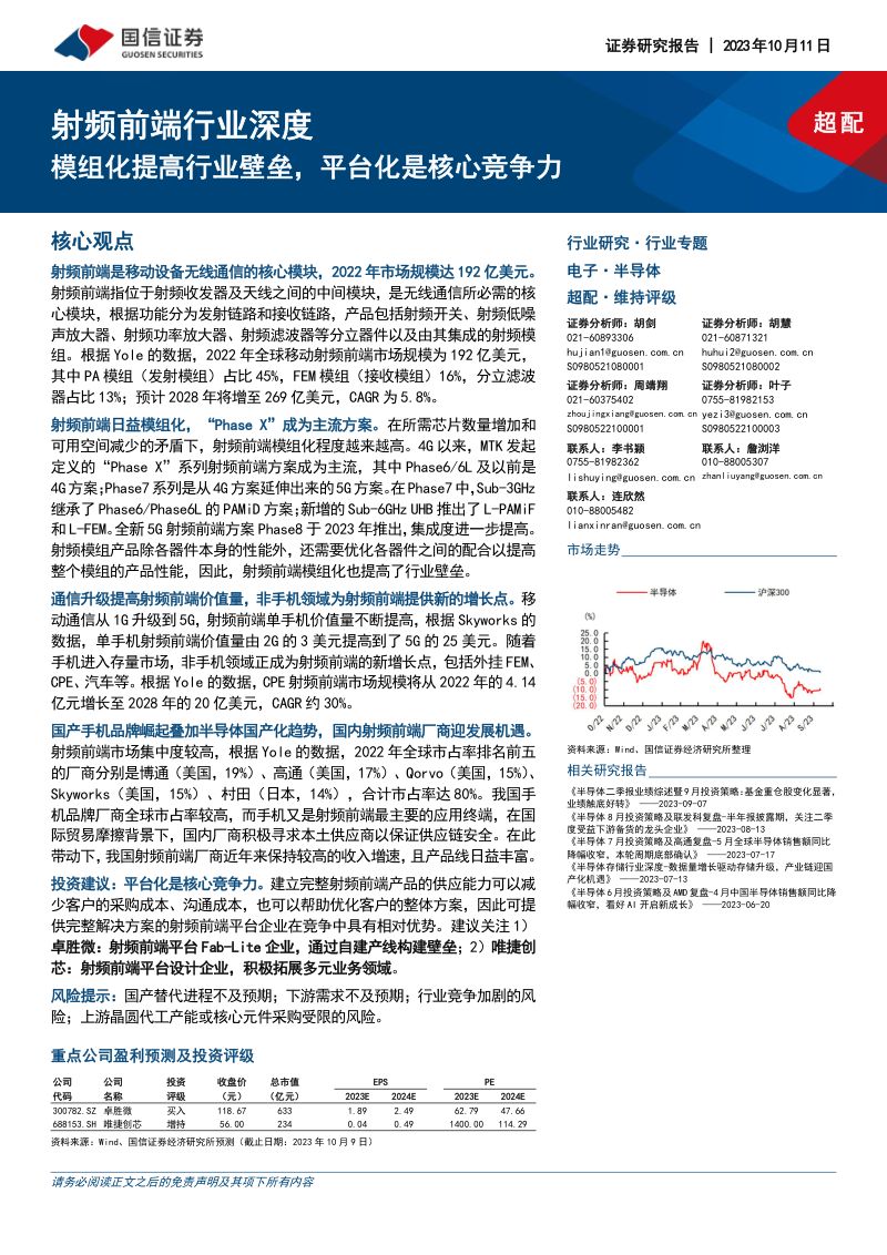 射频前端行业深度:模组化提高行业壁垒平台化是核心竞争力-231011(30页)