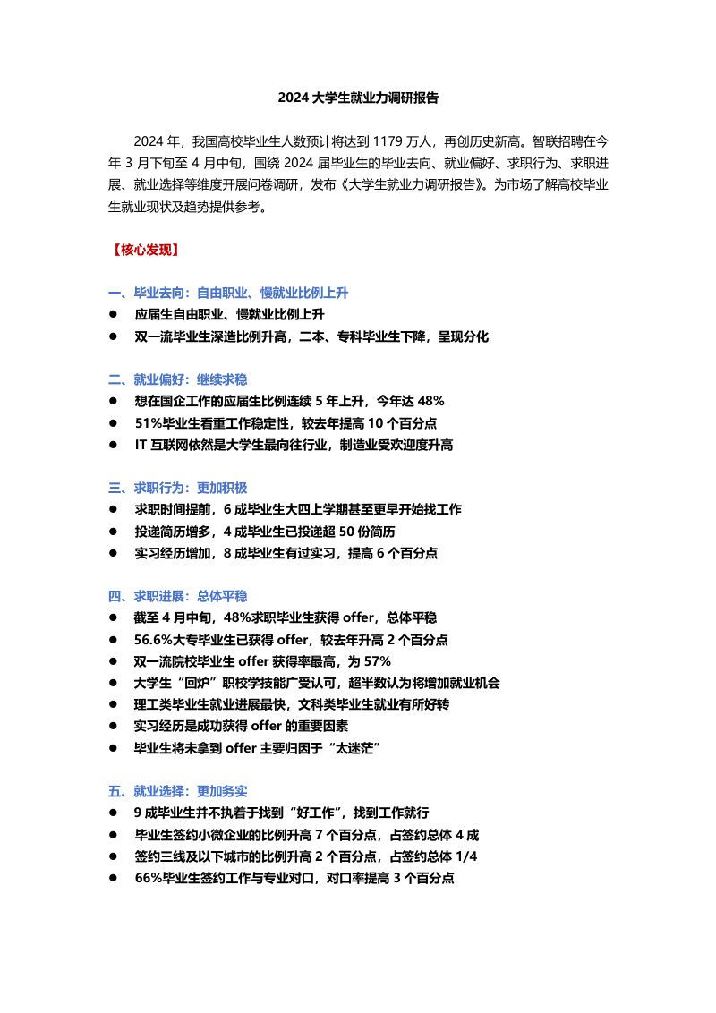 智联招聘:2024年大学生就业力调研报告(16页)