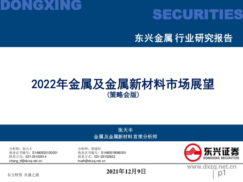 金属行业:2022年金属及金属新材料市场展望(策略会版) -211209(39页)