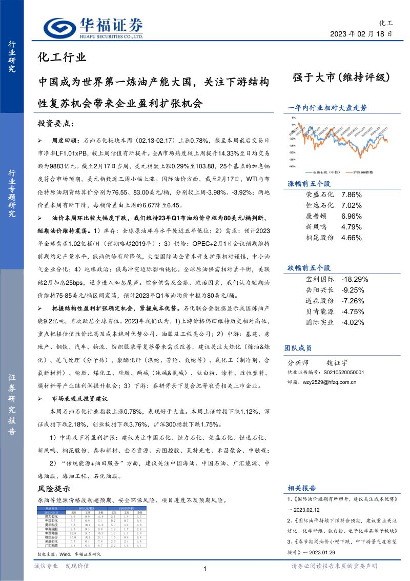 化工行业：中国成为世界第一炼油产能大国关注下游结构性复苏机会带来企业盈利扩张机会-230218（21页）