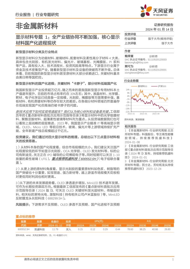 非金属新材料行业专题研究:显示材料专题1全产业链协同不断加强核心显示材料国产化进程现状-240114(21页)