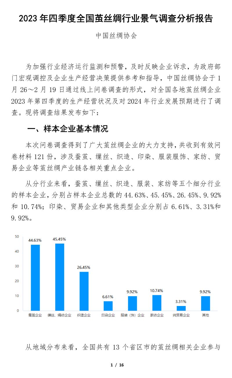 中国丝绸协会:2023年四季度全国茧丝绸行业景气调查分析报告(16页)