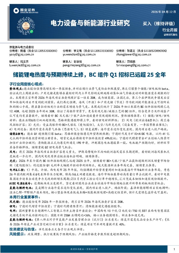 电力设备与新能源行业研究：储能锂电热度与预期持续上修，BC组件Q1招标已远超25全年