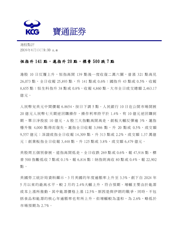 恒指升141點,滬指升20點,標普500跌7點