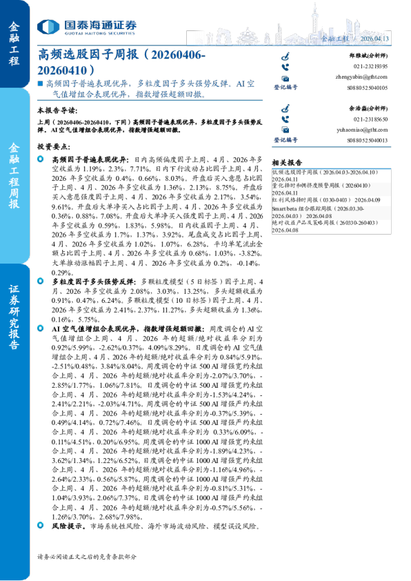 高频选股因子周报（20260406-20260407）：高频因子普遍表现优异，多粒度因子多头强势反弹。AI 空气值增组合表现优异，指数增强超额回撤。