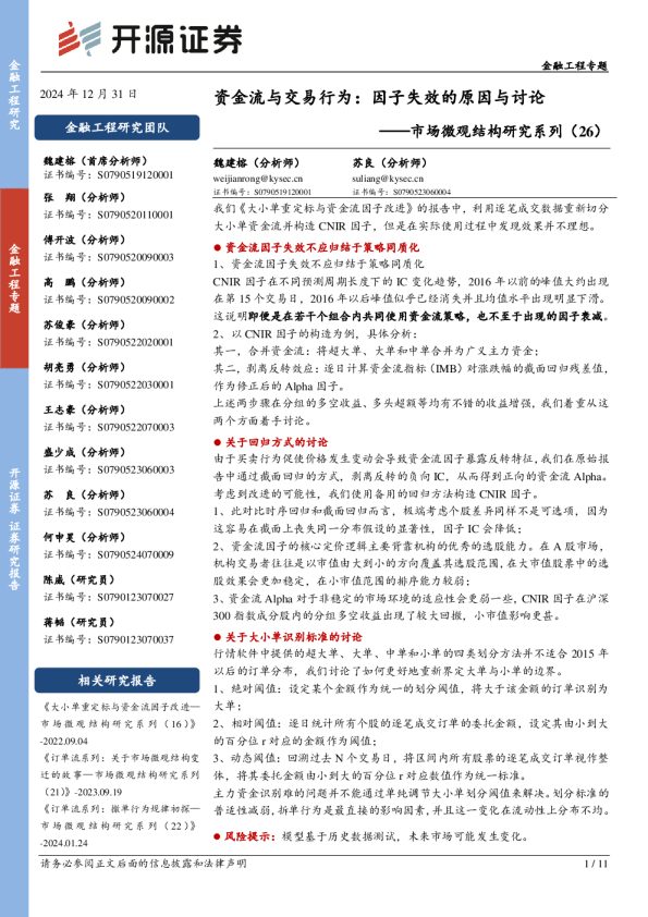市场微观结构研究系列（26）：资金流与交易行为：因子失效的原因与讨论