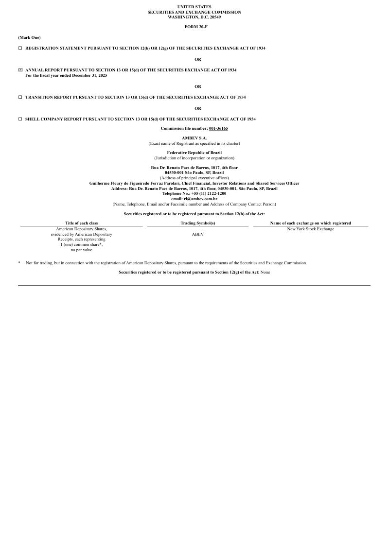 Ambev SA ADR 2026年年度报告和过渡报告