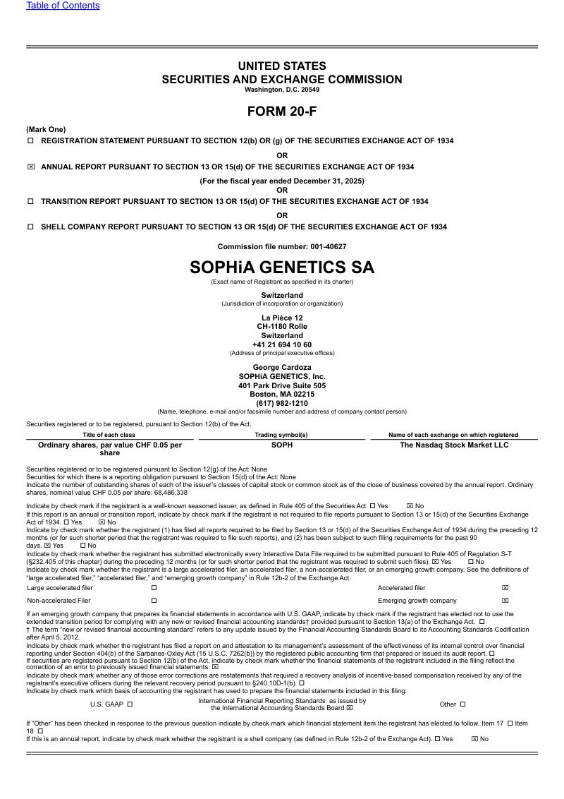 Sophia Genetics SA 2026年年度报告和过渡报告