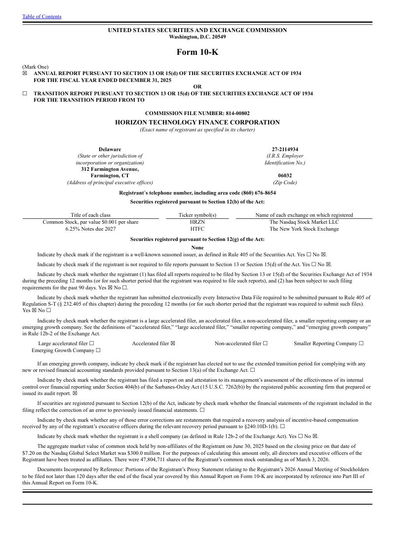 Horizon Technology Finance Corp 2025年度报告
