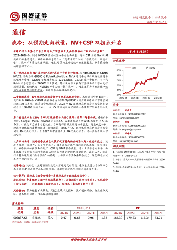 液冷:从预期走向放量,NV+CSP双拐点开启
