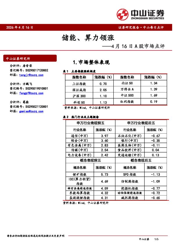 A股市场点评：储能、算力领涨