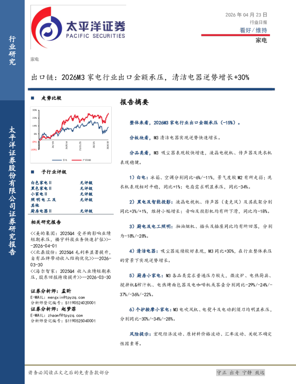 家电出口链：2026M3家电行业出口金额承压，清洁电器逆势增长+30%