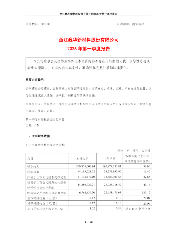 巍华新材：2026年第一季度报告