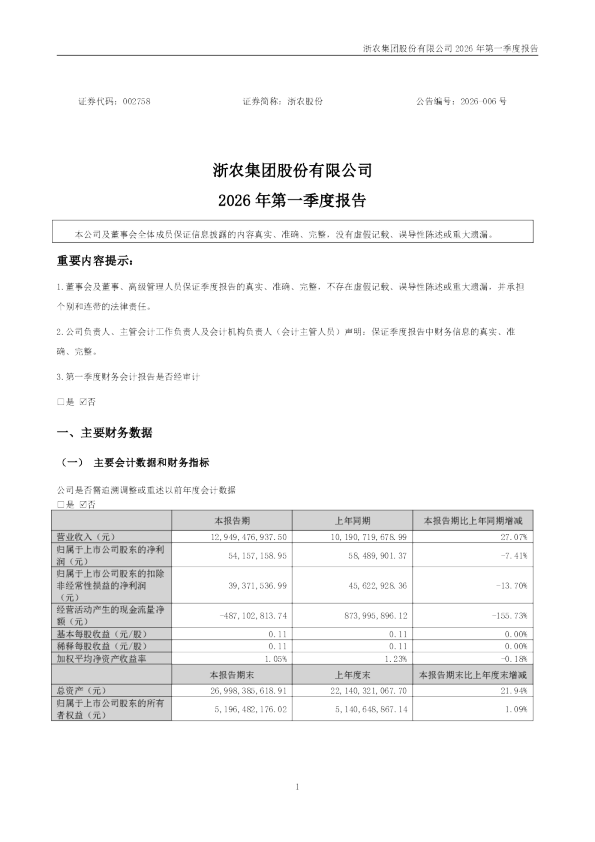 浙农股份：2026年一季度报告