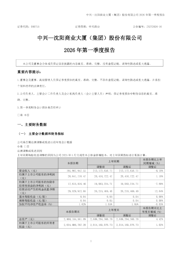 中兴商业:2026年一季度报告