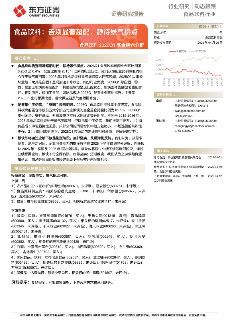 食品饮料2026Q1基金持仓分析:告别显著超配,静待景气拐点