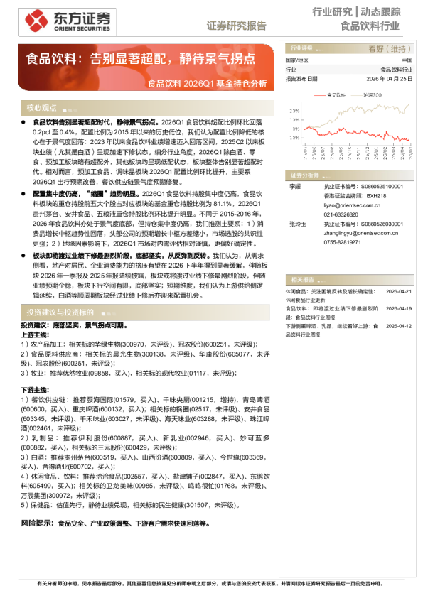 食品饮料2026Q1基金持仓分析:告别显著超配,静待景气拐点