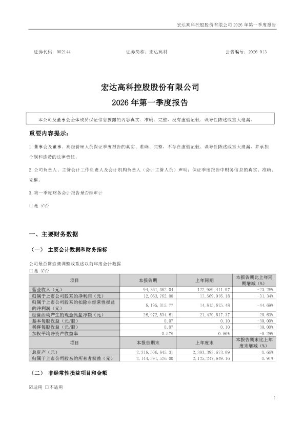 宏达高科:2026年一季度报告