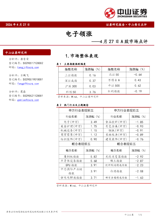 A股市场点评：电子领涨