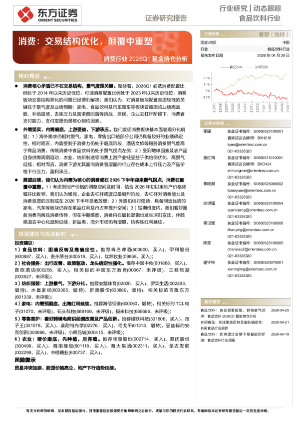 消费行业2026Q1基金持仓分析:消费:交易结构优化,颠覆中重塑