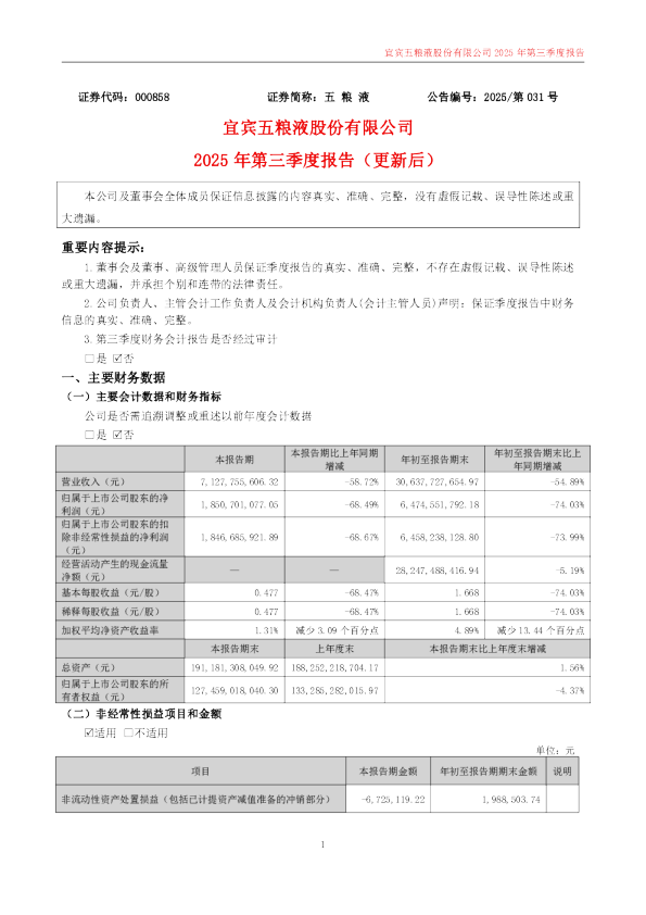 五 粮 液：2025年第三季度报告（更新后）