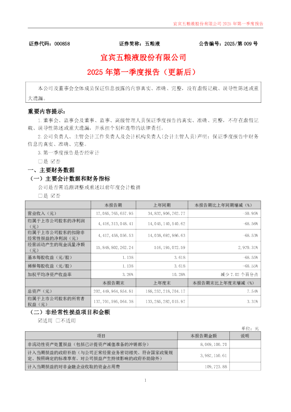 五 粮 液：2025年第一季度报告（更新后）