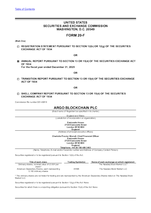Argo Blockchain Plc ADR 2026年年度报告和过渡报告