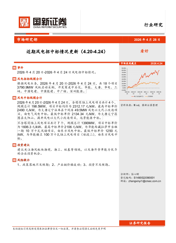 近期风电招中标情况更新(4.20-4.24)