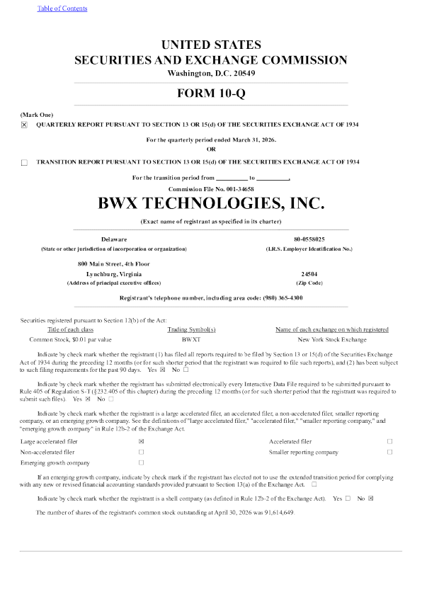 BWX Technologies Inc 2026年季度报告