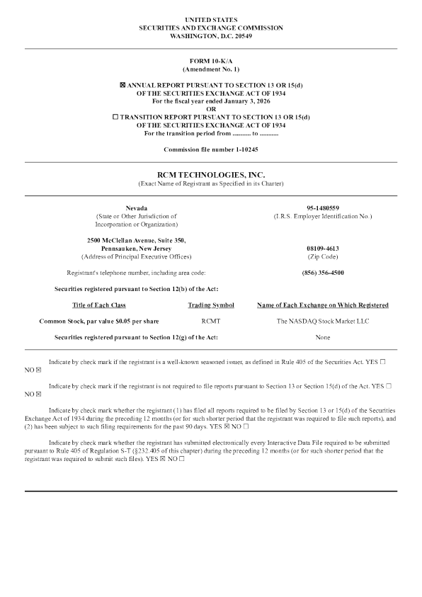 RCM Technologies Inc. 2025年度报告