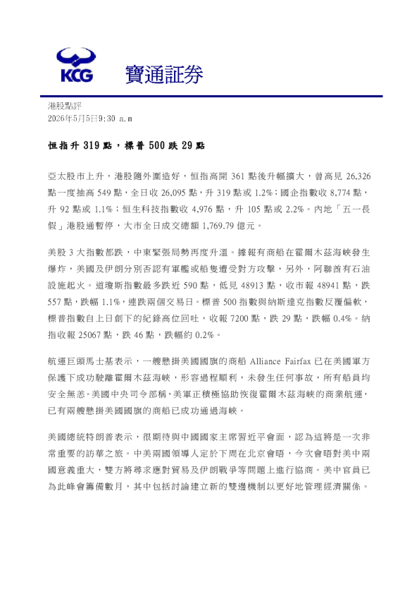 恒指升319點,標普500跌29點
