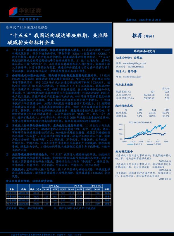 基础化工行业深度研究报告：“十五五”我国迈向碳达峰决胜期，关注降碳减排头部标杆企业