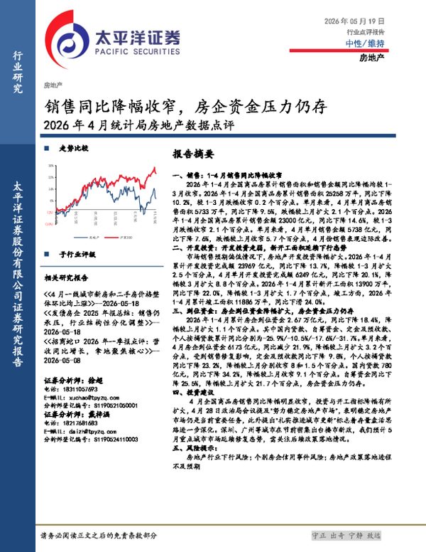 2026年4月统计局房地产数据点评:销售同比降幅收窄,房企资金压力仍存