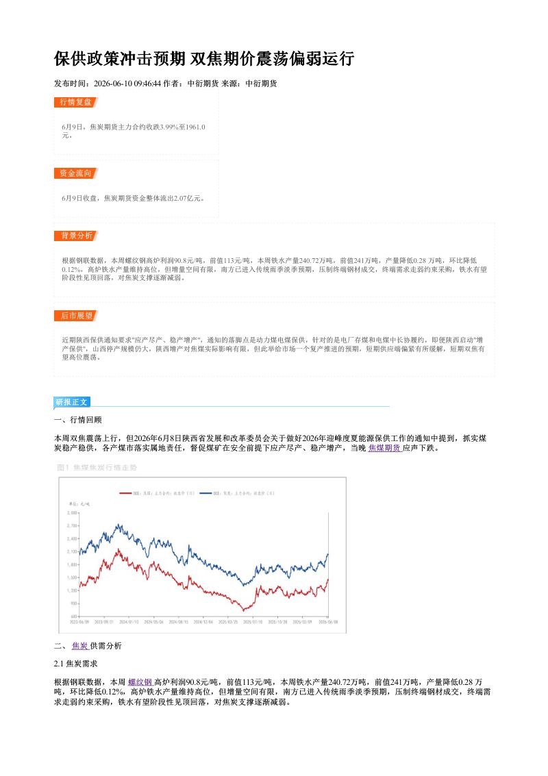 保供政策冲击预期 双焦期价震荡偏弱运行